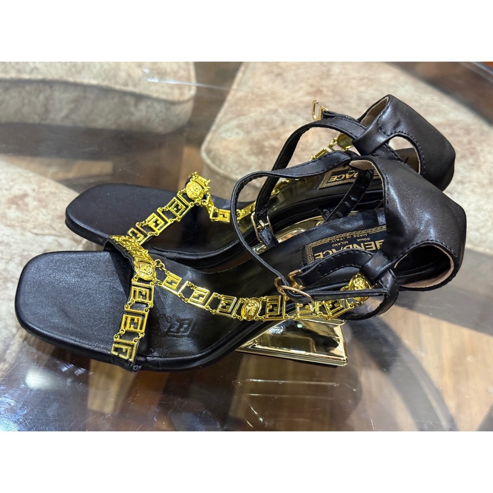 Fendace Fendi x Versace Black Leather Gold Medusa Greek Key T-Strap Heels 39